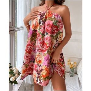 Boho Floral Print Halter Mini Dress
